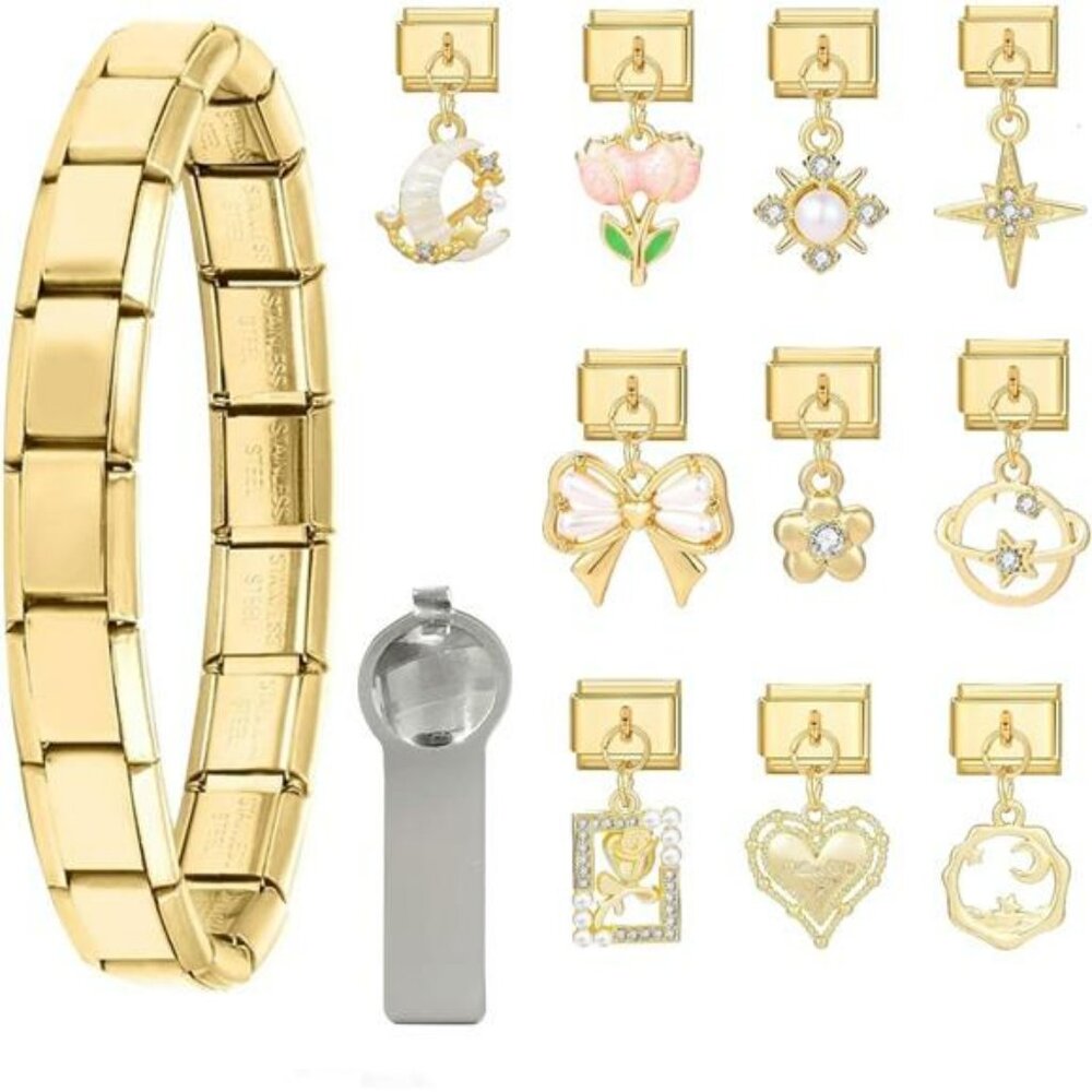 Gold Italian Charm Bracelet Starter Set Modular DIY Jewelry Links Gift for Women